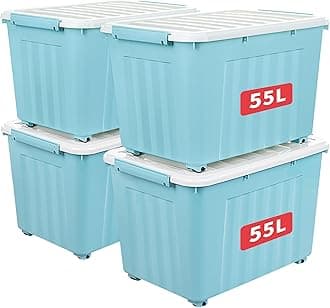 Cetomo 55L*4 Storage Boxes with Wheels, Plastic Storage Box with Lid, Latching Buckles, Click Closure, Stackable, Nesting, Durable Organizer for Home Office Clothes, Blue, 55L-4 Pack