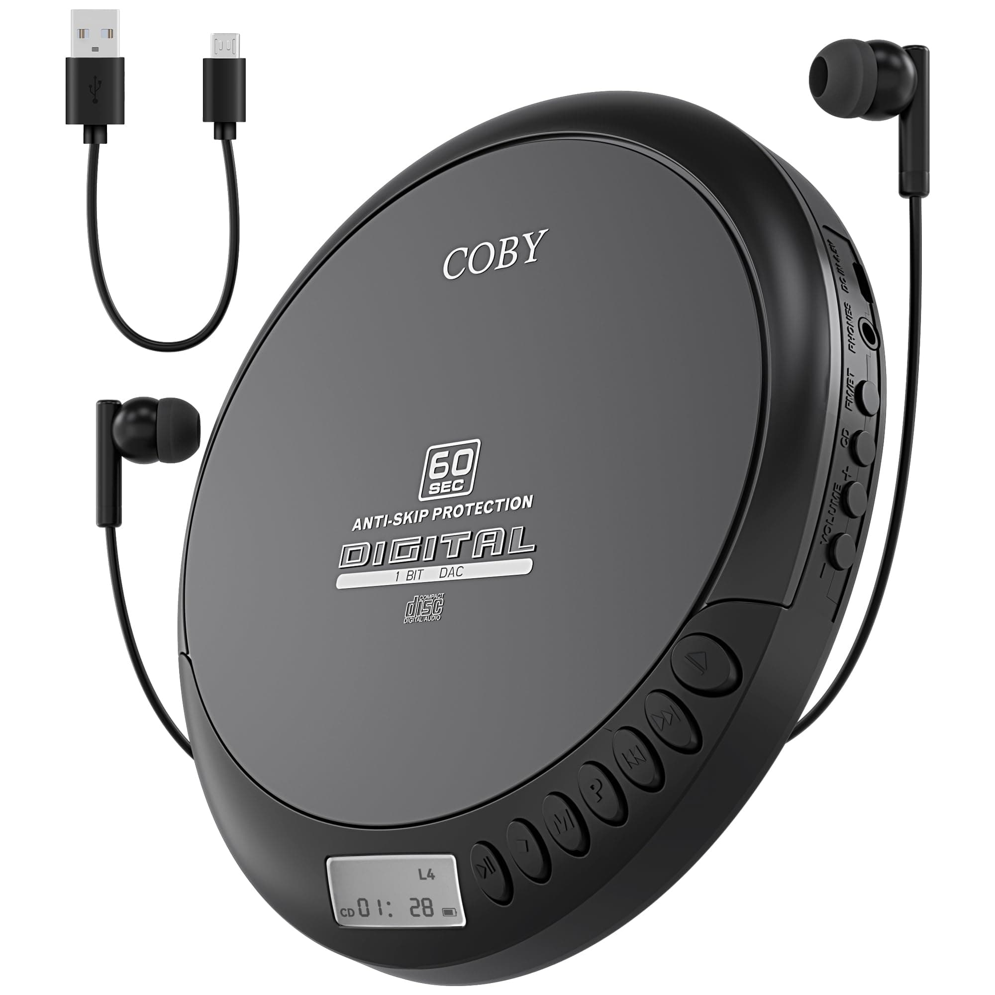 Coby Portable CD Player with FM Radio and 60-Second Anti-Skip Protection – Compact Walkman-Style Disc Player with LCD Display, Stereo Earbuds & USB Power – Ideal for Home, Travel & Car Use