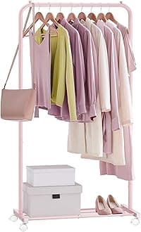 SONGMICS Clothes Rack, Clothes Rail on Wheels, Metal Clothing rail for Bedroom, 74 cm Long Hanging Rail, with Storage Shelf, 2 Lockable Wheels, 35 kg Load Capacity, Jelly Pink HSR130R01