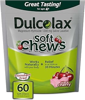 DulcolaxSoft Chews Saline Laxative Gentle Constipation Relief, Magnesium Hydroxide 1200mg, 60 Count, Black Cherry Flavor