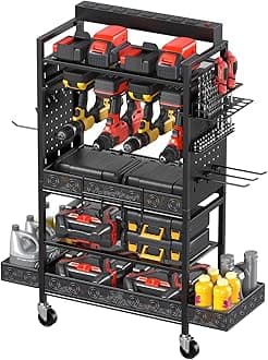 CCCEI Garage Power Tools Organizer Cart with Charging Station, Black Floor Standing Rolling Drill and Tools Battery Storage Cart on Wheels. Utility Rack Gift for Men, Husband, Father.