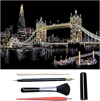 Scratch Art for Adults & Teens, Paint by Scratch 16 X 11.2 Inches, Scratch Off Paper Painting, Scratchart Kit Ornaments, Colorful Sketches Rainbow Scratch Art (Tower Bridge)