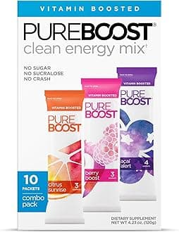 Pureboost Sugar-Free Clean Energy Booster, Refreshing Energy Drink Mix with B12 Vitamins, Electrolytes, Antioxidants, No Sucralose (Combo Pack, 10 Count)
