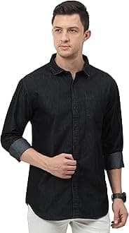 Miraan Men's Long Sleeve Casual Light-Blue Denim Shirt X-Large Black