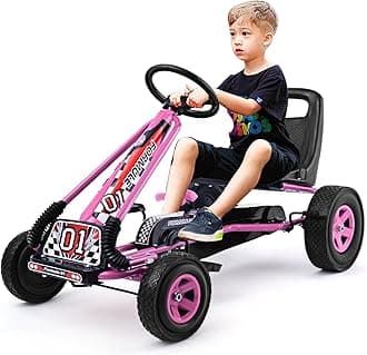 DORTALA Go Kart for Kids, 4 Wheel Off-Road Pedal Powered Go Cart with 2-Position Adjustable Bucket Seat, Safety Brakes, EVA Rubber Tires, Outdoor Ride On Racer Pedal Car for Boys & Girls (Pink)