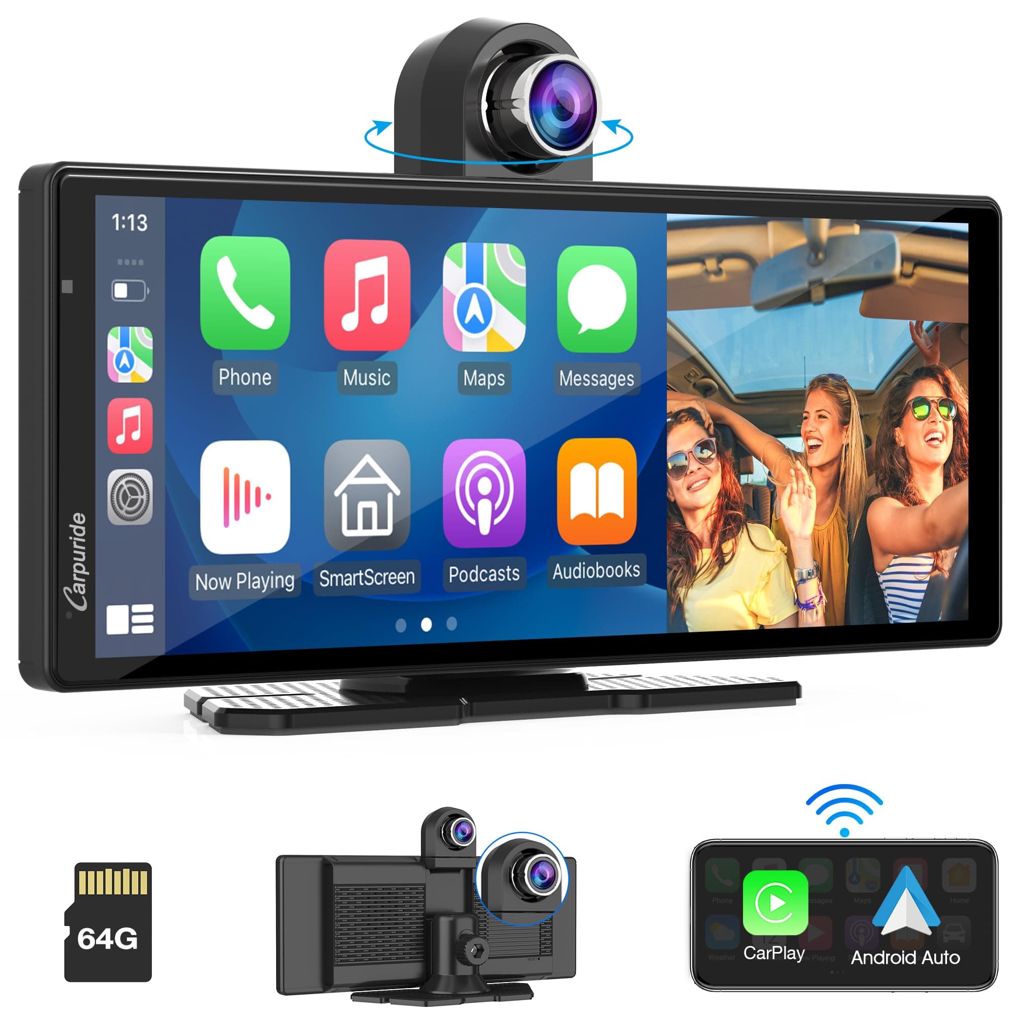 4K W903 Portable Wireless Carplay & Android Auto with Dash Cam - 9.3" HD IPS Screen, 4K Front Camera, Loop Recording, Bluetooth, Mirror Link, GPS, Siri, Dashboard Mounted