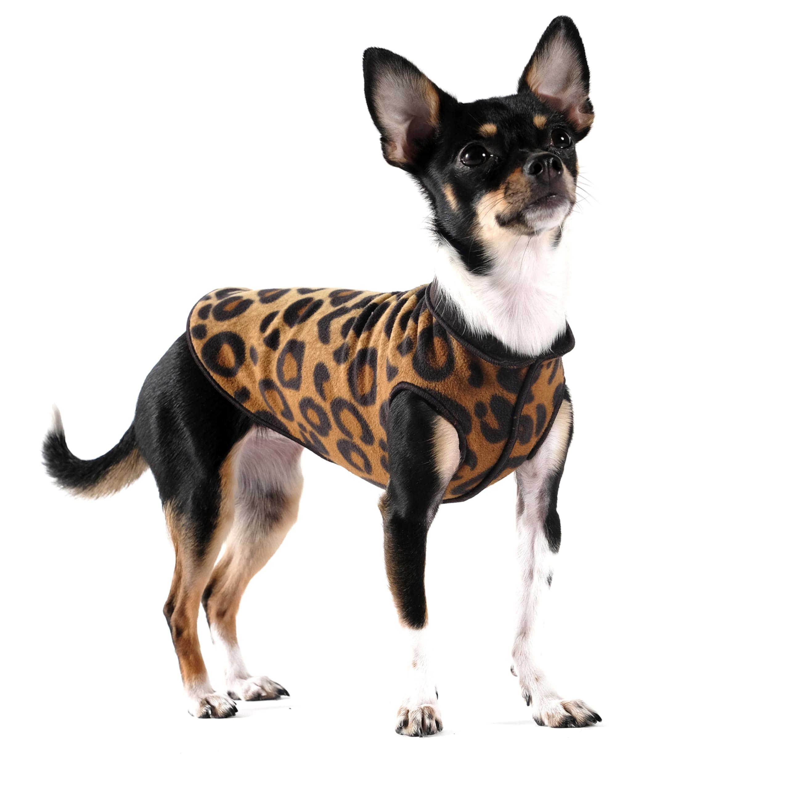 Duluth Double Fleece Dog Coat Pullover – Soft, Warm Dog Clothes, 4-Way Stretch Pet Sweater – Machine Washable, All-Season, Leopard/Black, Size 14