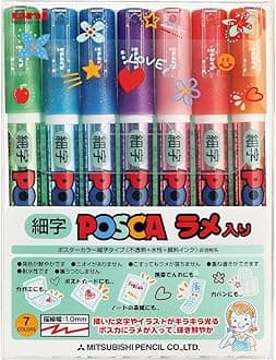 Mitsubishi Pencil PC3ML7C Water Based Marker Pen Uni Posca with Glitter Insert, Fine Point, Round Tip, 7 Colors
