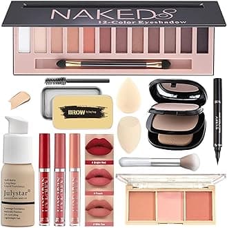 All in One Makeup Kit Full 12 Colors Naked Eyeshadow,2 Color Compact Powder,Liquid Foundation,Lipsticks, Blush,Eyebrow Soap,Winged Eyeliner Stamp,Makeup Gift Set for Women, Teens & Girls(Naked)