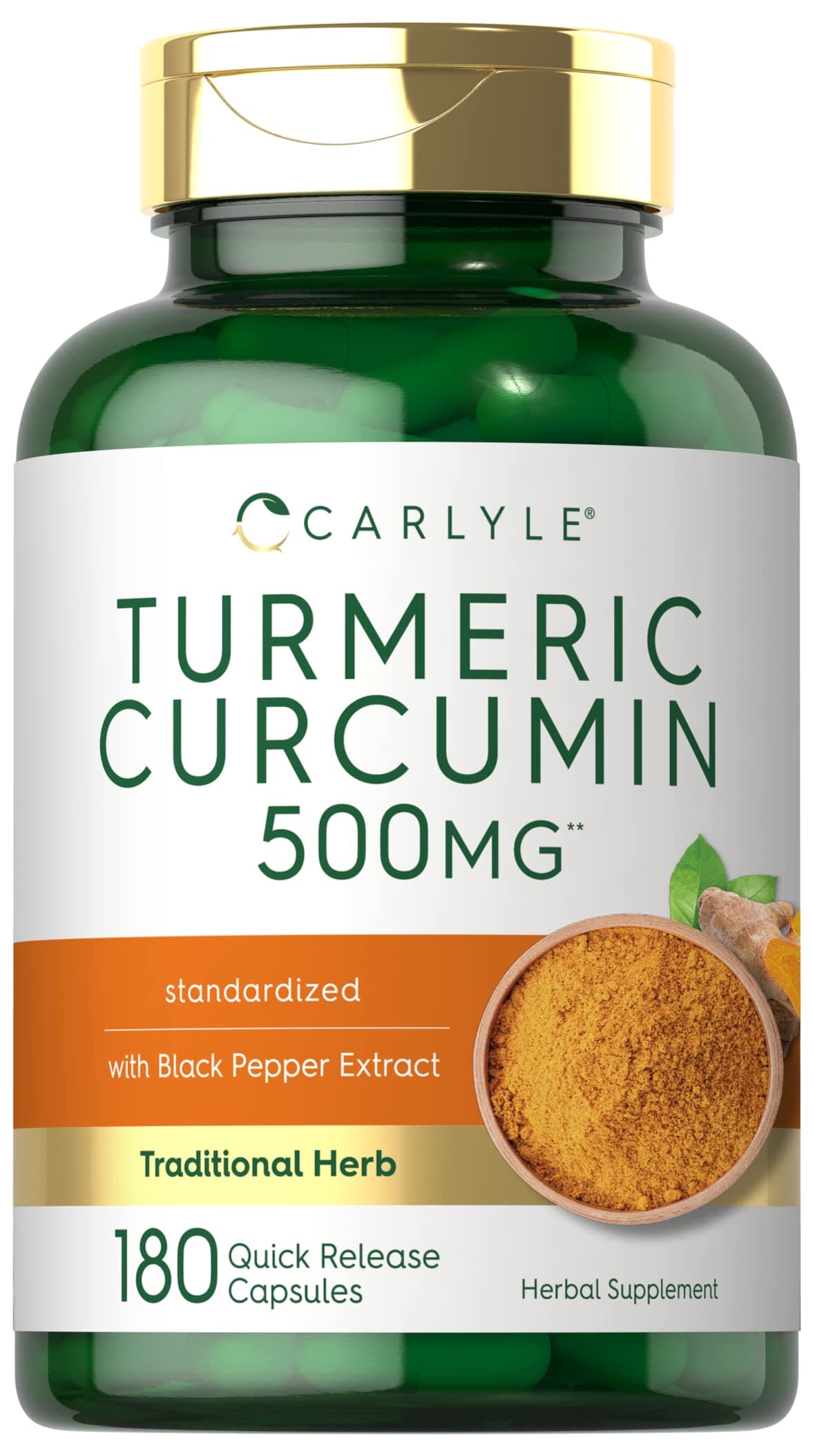 Carlyle Turmeric Curcumin Supplement | 180 Capsules | with Black Pepper Extract | Non-GMO & Gluten Free