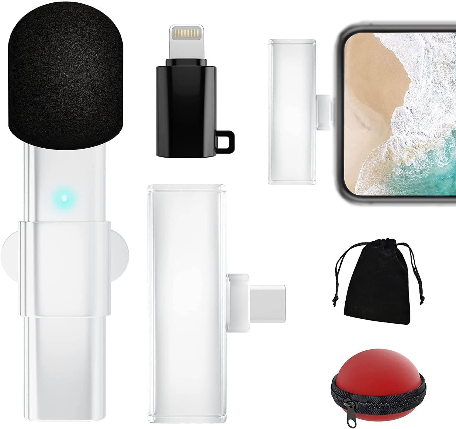 White Wireless Microphone System for iPhone & Smartphones w USB C & Lightning - Mini Mic for Podcasting, Streaming, Vlogging