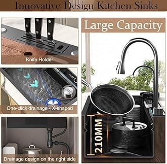 Kitchen Sink Flying rain Waterfall Stainless Steel Undermount Kitchen Sink Drop In Kitchen Sink Single Bowl handwheel thermostat switch (80 * 46 * 22cm)-X