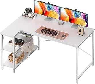 Huuger L-Shaped Desk - 47" Reversible Storage Corner Gaming Desk, Metal Frame, White