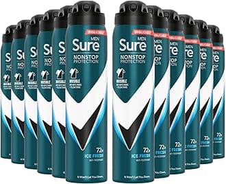 Sure Antiperspirant 72H Nonstop Sweat and Odour Protection Alcohol-Free Body Spray Anti-White Marks with Fresh and Sporty Scent Multi Fragrance Deodorant for Men, 250ml (Invisible Ice Fresh, Buy 12)