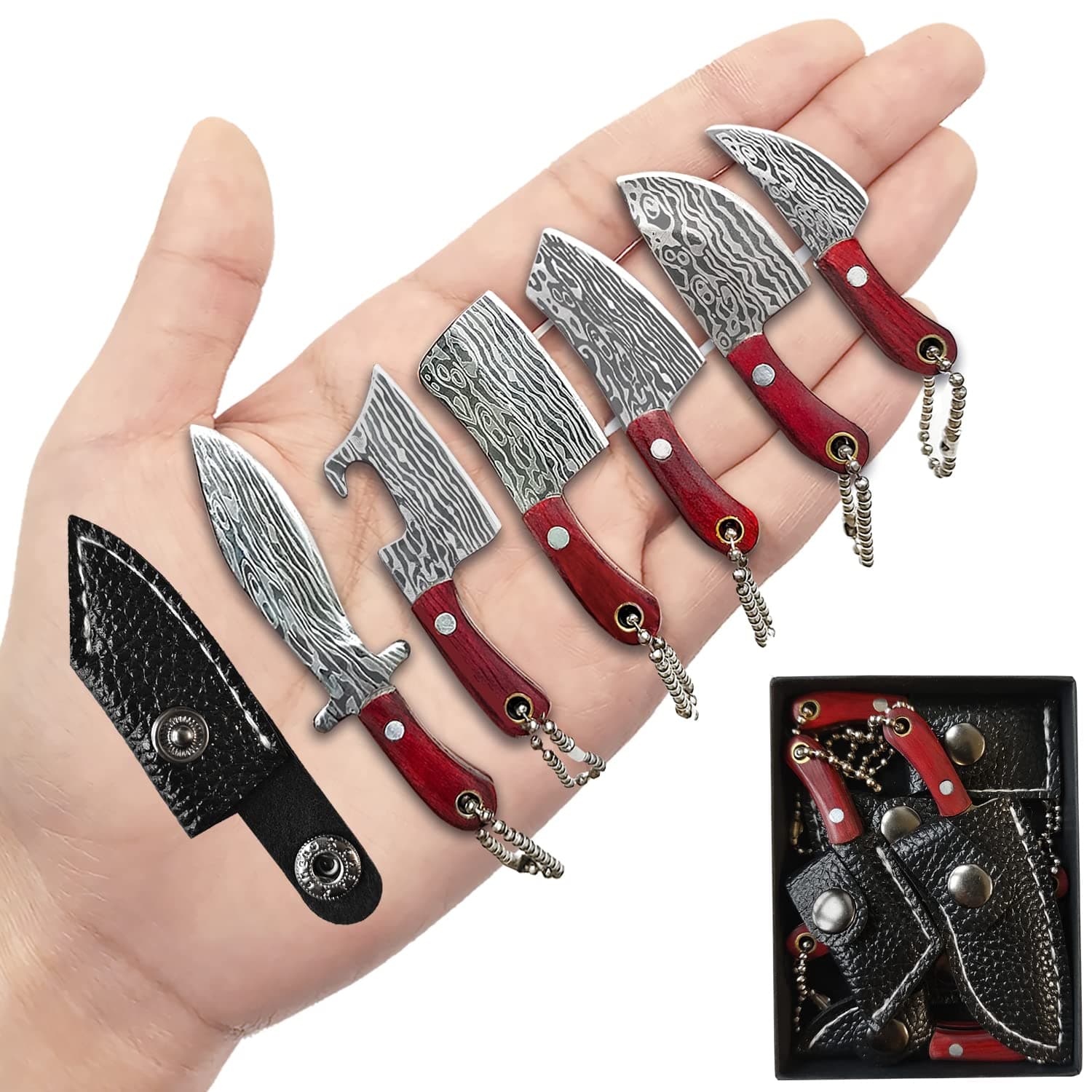 STARDW Damascus Pocket Knife Set, EDC Knife with Sheath,Mini Chef Keychain Knife Set, Tiny Things for Box Cutter Letter Opener Package Opener, Cool Gadgets EDC Tools -Set of 6
