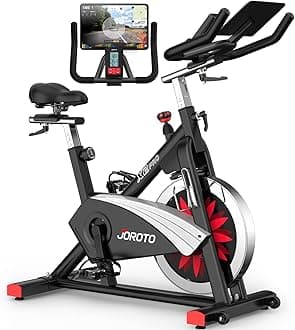 – JOROTO Exercise Bike/Spin Bike, Silent Stationary Bike Indoor Cycling Bike for home Gym Cardio with Readable Magnetic Resistance with Tablet Holder, 350lbs Weight Capacity 44Days Kinomap Member