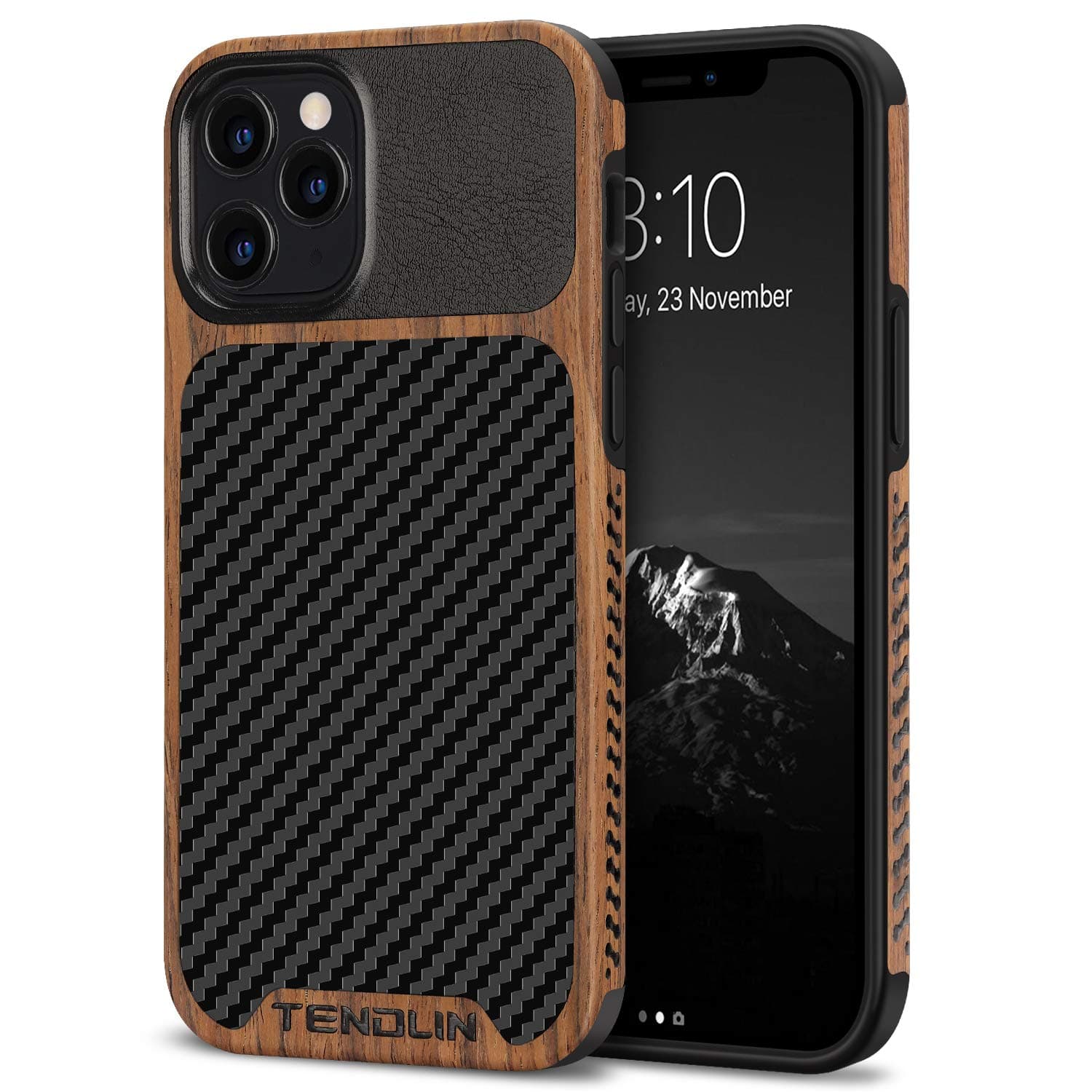 TENDLIN Compatible with iPhone 12 Pro Max Case Wood Grain with Carbon Fiber Texture Design Leather Hybrid Case Black