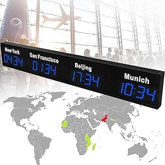 Wall Mounted World Clock, 3/4/5 City Time Zone LED Digital World Time Wall Clock Indoor Multi Time Zone World Wall Clock for Multinational Enterprises/Office/Home/Living Room/School,Blue-4City