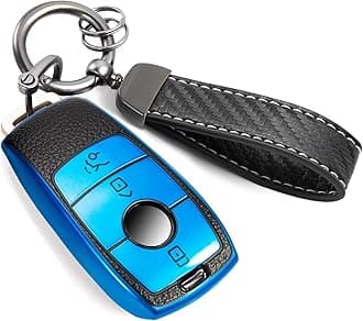 for Mercedes Key Fob Cover with Carbon Fiber Style Belt Keychain, Upgraded Soft TPU Surface Grain Key Case for New Benz Key Fob Shell (Blue, B)