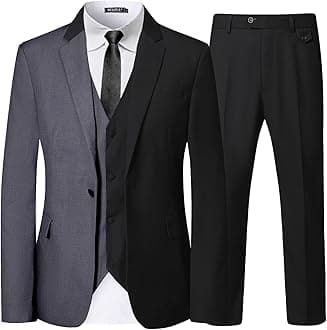 WULFULMen’s Slim Fit Suit One Button 3-Piece Blazer Dress Business Wedding Party Jacket Vest & Pant