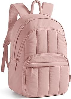 BAGSMAT Womens Backpack Travel Laptop Backpack for Women, Quilted College Laptop Bookbag, Work Back Pack for Women, Cute Computer Water-Resistant Casual Daypack, Puffer Pink
