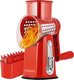 Rotary Cheese Grater with Handle - Vegetable Shredder with 5 Well-designed Blades & Strong Suction Base,Round Mandoline Slicer & Food Chopper for Kitchen,with Blade Storage Box(Red)