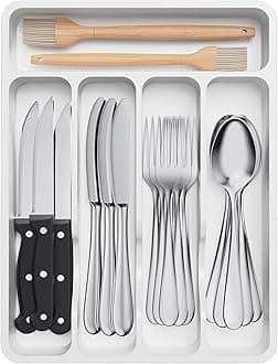 Lifewit Silverware Drawer Organizer Tray, Plastic Cutlery Storage for Kitchen Drawer, Flatware and Utensil Holder Divider for Spoons Forks Knives Tableware, 5 Compartment, White