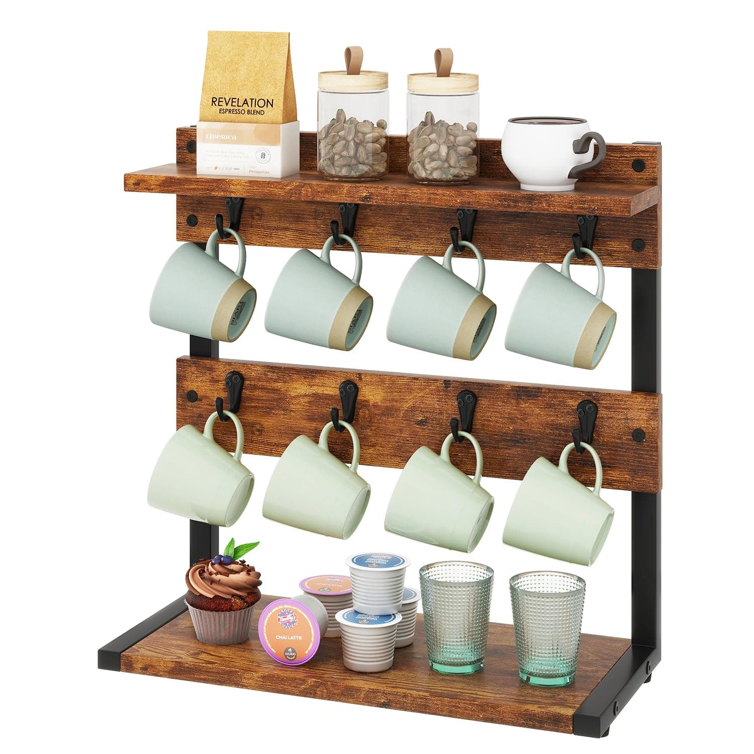 Rustic Coffee Mug Holder Stand, 2 Tier Countertop Mug Tree Holder Rack with Storage Base, Vintage Mug Holders for Kitchen, Holds 8 Mugs, Rustic Brown TBJ002H
