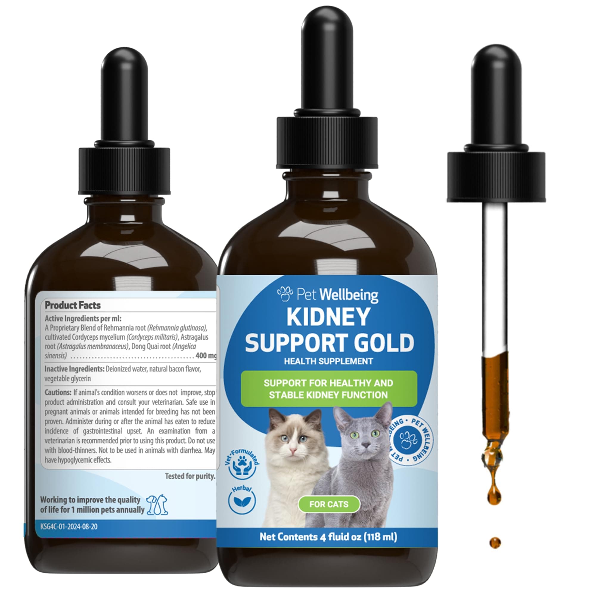 Pet Wellbeing Kidney Support Gold for Cats - Supports Healthy Kidney Function, Fluid Balance, Energy Levels, Rehmannia, Dong Quai - Veterinarian-Formulated Herbal Supplement 4 oz (118 ml)