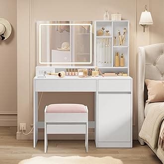 KAILYN Collection - 43.3-Inch Wide Vanity Desk with Mirror and Lights, Power Outlets, Vanity Table Set with Stool, Jewelry Storage, Adjustable Shelves, for Bedroom, Cloud White URDT632W02