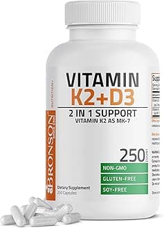 Vitamin K2 (MK7) with D3 Supplement Non-GMO Formula 5000 IU Vitamin D3 & 90 mcg K2 MK-7 Easy to Swallow D & K Complex, 250 Capsules