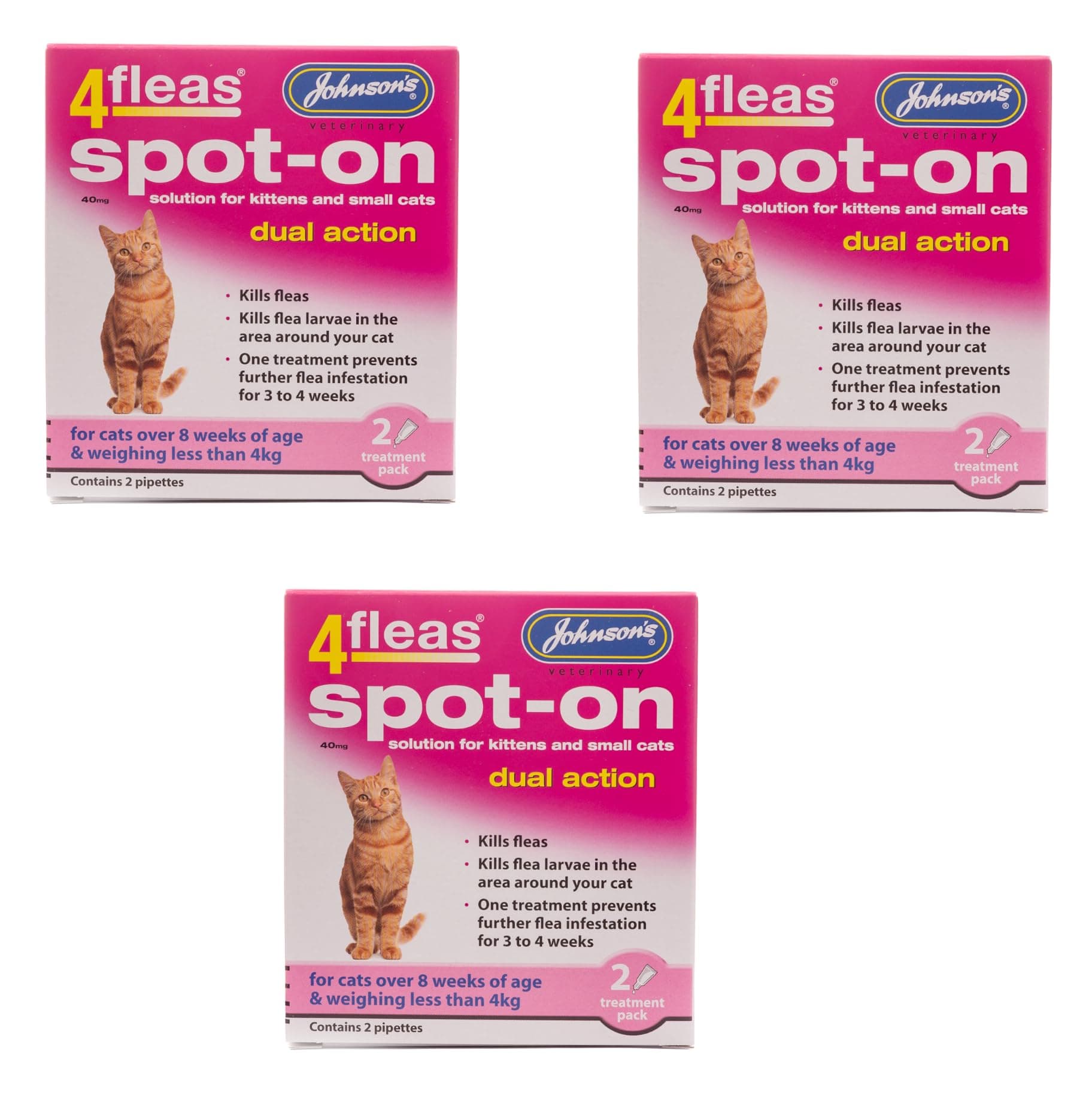 JOHNSONS 4FLEAS CAT - DUEL ACTION SPOT ON - +8 WEEKS BELOW 4KG WEIGHT (3X PACKS)