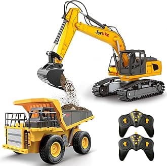 Joylike RC Excavator and Dump Truck Toy Set，2.4Ghz Metal Remote Control Construction Vehicle with Light&Sound, Best Christmas Toy for Boys 8+Year Old Kid