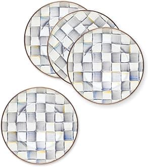 MACKENZIE-CHILDS Enamel Salad and Dessert Plate, Small Plate for a Dessert or Appetizer Dish, 8 Inches, Set of 4, Gray-and-White Sterling Check