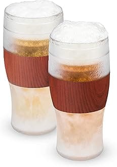Freeze Beer Glasses, 16 ounce Freezer Gel Chiller Double Wall Plastic Frozen Pint Glass, Set of 2, Wood