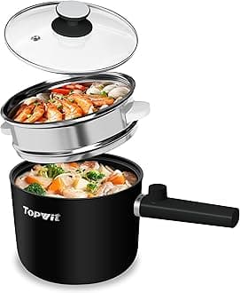 Topwit Hot Pot Electric with Steamer, 1.5L Ramen Cooker, Non-Stick Frying Pan, Electric Pot for Pasta, BPA Free, Electric Cooker with Dual Power Control, Over-Heating & Boil Dry Protection, Black