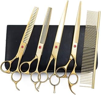 Moontay Professional Dog Grooming Scissors Set, 7 Inch/8 Inch Pet Grooming Scissors Chunkers Shears for Dog, Curved Dog Grooming Scissors, Thinning Shears for Dog with Comb (8 inch, Gold)