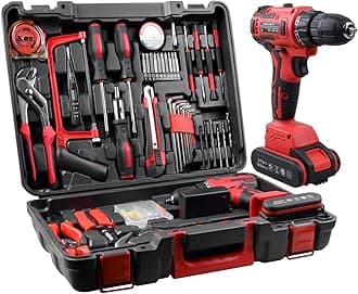 jar-owl 21V Max Cordless Drill/Driver Kit, Brushless, Tool Set with Drill and 112pcs Household Hand Tool Kit for Daily Home Repair, Red