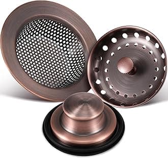 Mudder 3 Pcs Kitchen Sink Drain Strainer and Stopper Stainless Steel Garbage Disposal Plug with Handle Universal Anti-Clogging Kitchen Sink Filter Sieve Basket Strainer(Antique Copper)