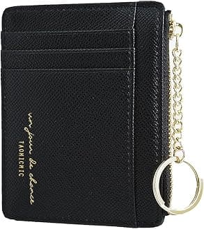 Women Slim Leather Card Case Holder Small Wallet Cute Coin Purse Girl Mini Wallet with Keychain (Black)