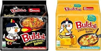 SamyangBuldak Hot Spicy Chicken Ramen Noodle Korean Stir-Fried Ramen, Original & Cheese Flavor, 4.94 OZ(140g), 5 Pack for Each Flavor