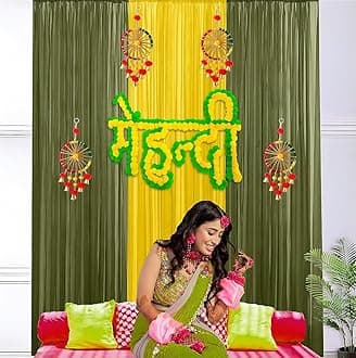 SpecialYou.in SpecialYou Haldi Mehendi decoration items for marriage with Green & Yellow chiffon Curtains with haldi decoration items, Mehendi board banner & Latkans for mehndi, wedding - 11pcs