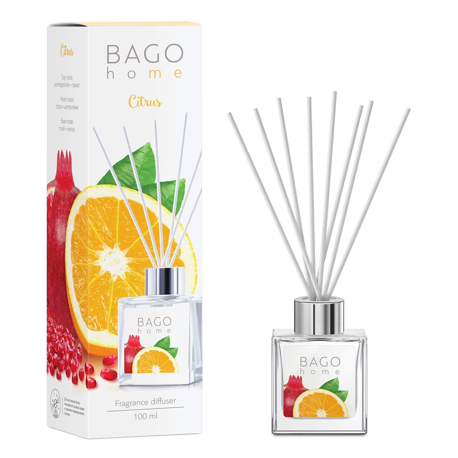BAGO home Reed Diffuser Set - Citrus | 3.4 Ounces (100 ml) | Alcohol-Free | Citrus, Pomegranate & Musk | 8 Reed Diffuser Sticks Inside | Great Home, Office, Bathroom Decor