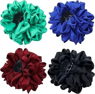 Lawie 4 Pack Blue Black Burgundy Red Green Butterfly Octopus Korean Ribbon Silk Chiffon Large Rose Flower Bows Plastic Hair Claw Clips Jaw Barrettes Grips Clamps Decorative Bun Accessories for Women