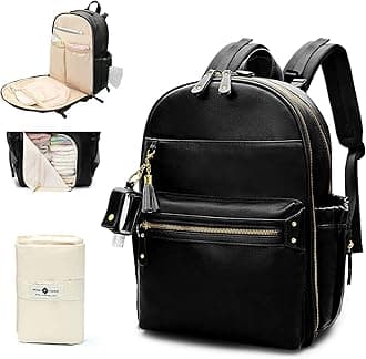 miss fong Diaper Bag Backpack Leather Diaper Bag, Baby Diaper Bag for Baby, 16 Pockets with Hand Sanitizer Holder, Changing Pad, 2 Insulated Pockets(Black)