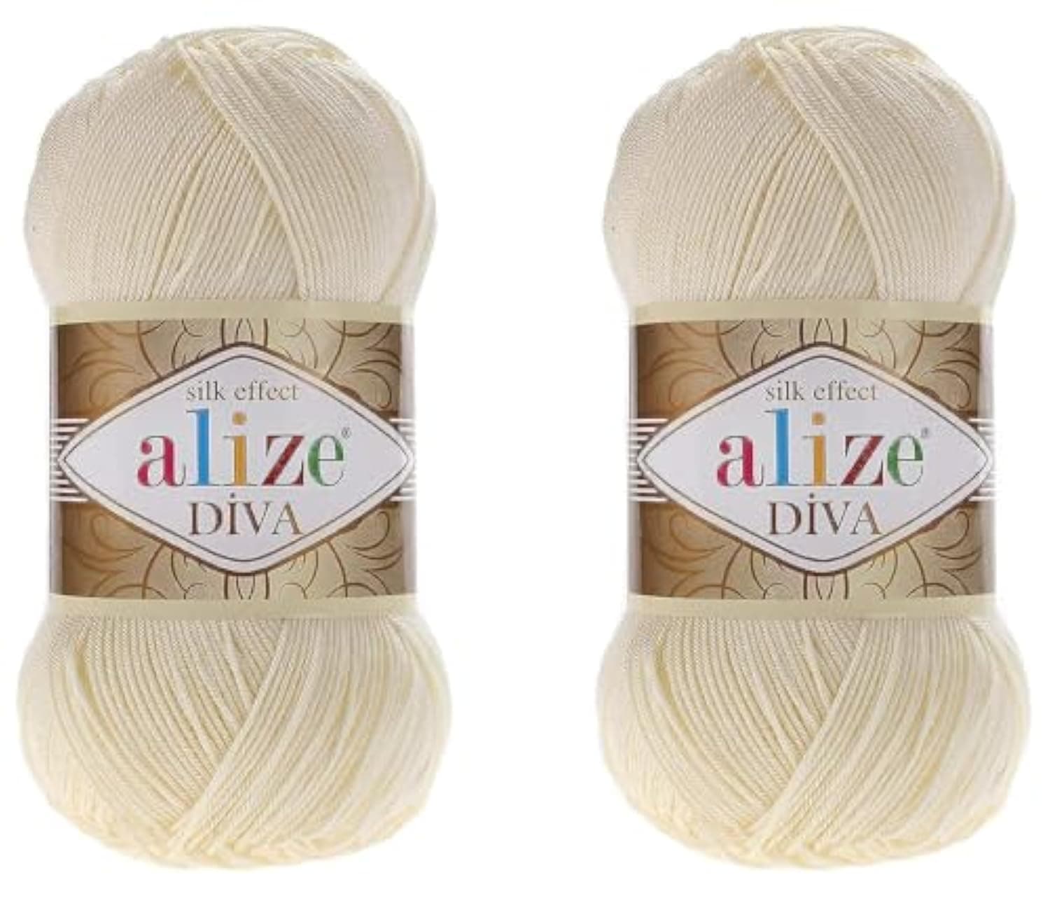 Alize Diva Microfiber Acrylic Yarn - Silk Effect Thread for Crochet & Lace Craft - Cream, 200gr, 767 yds (Lot of 2 skeins)