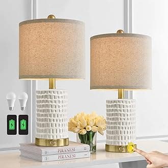 PORTRES 19" Farmhouse 3-Way Dimmable Touch Ceramic Table Lamp Set of 2 White Bedside Lamps for Bedroom Lamps for Living Room Nightstand Lamp End Table lamps with USB A+C Charging Ports(Bulbs Included)