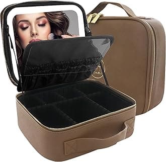 MOMIRAMakeup Bag with Mirror and Light Travel Makeup Train Case Cosmetic Bag Organizer Portable Artist Storage Bag with Adjustable Dividers Makeup Brushes Storage Organizer Brown