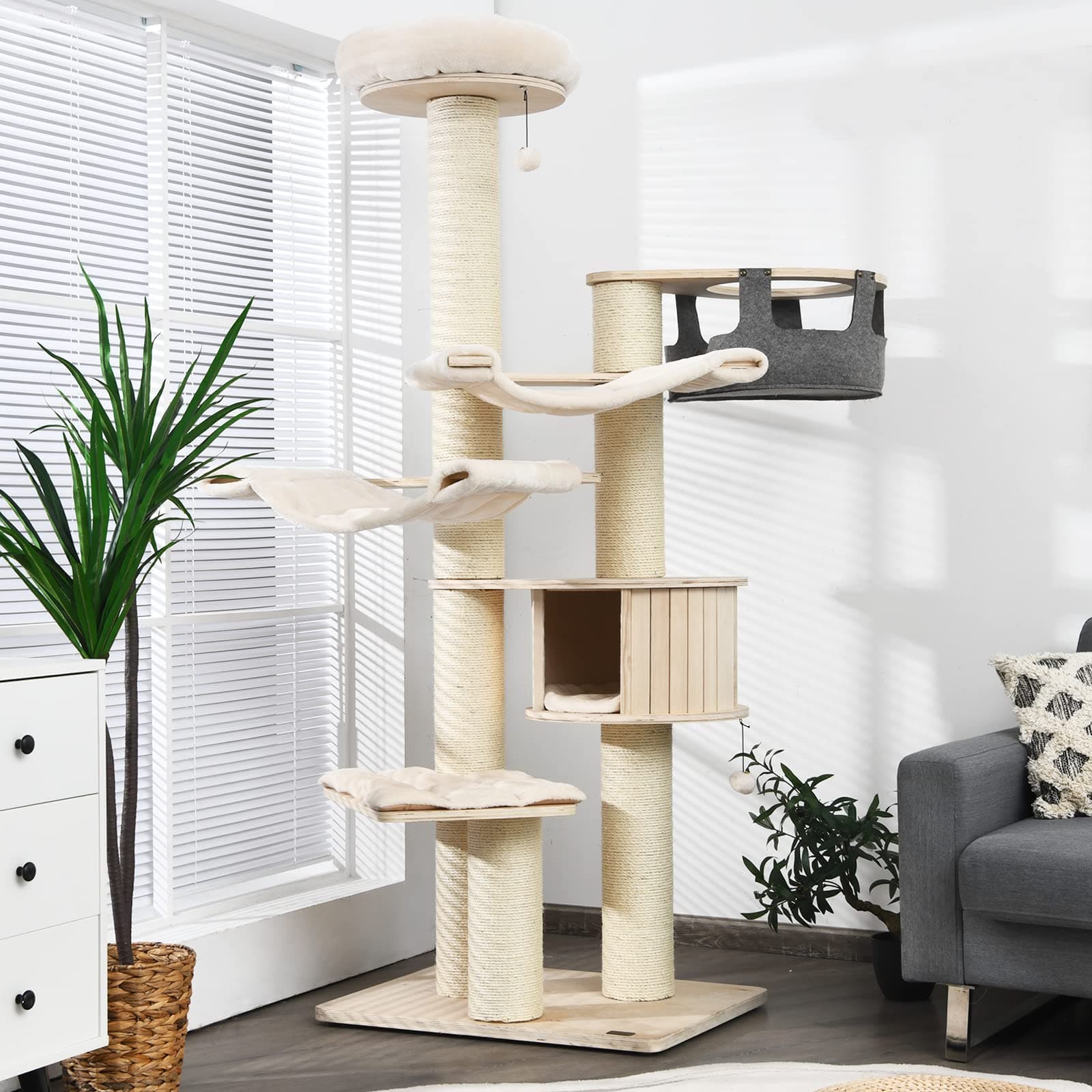 Large Cat Tree, Multi-Level Tall Cat Tower with Sisal Scratching Posts, Hammocks, Hanging Basket, Cat Condo and Removable Washable Cushions, Modern Wood Cat Tree for Indoor Cats Large Adult