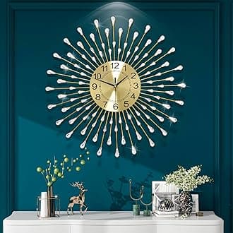 FLEBLE Wall Clocks for Living Room Decor Large Wall Clock Battery Operated 24" Silent Non-Ticking for Kitchen,Home,Office,Bedroom,Office Indoor Crystal Round Gold Wall Decoration